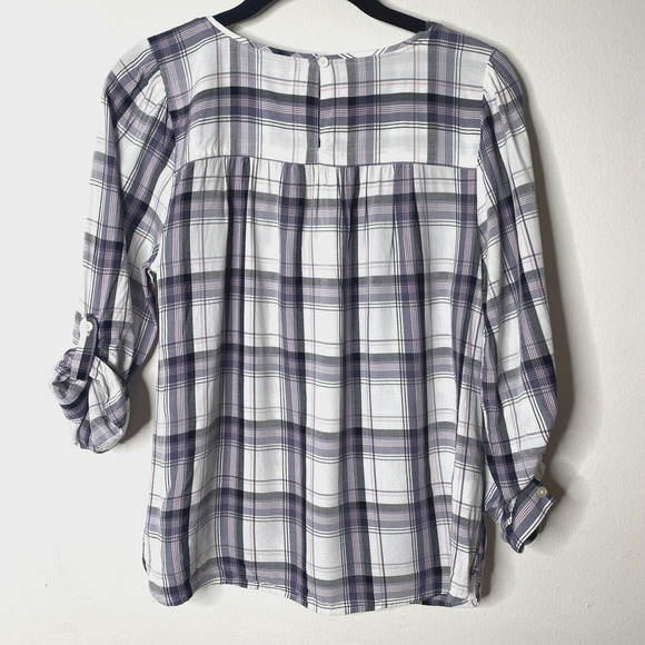 Loft Lavender Plaid Flowy Roll-Tab Sleeve Shirred Back Keyhole Button Blouse SP - Picture 3 of 10